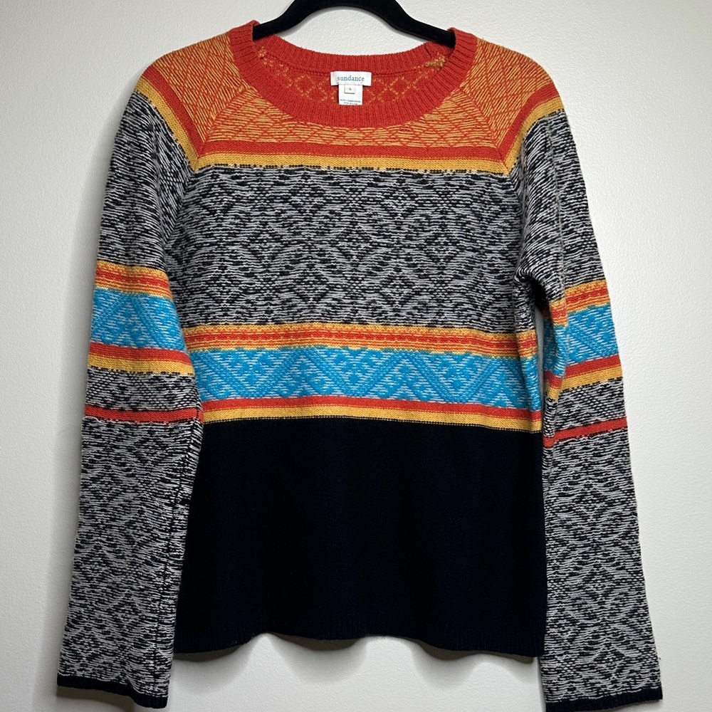 Sundance Black Multicolor Geometric Diamond Patterned Lambswool Sweater Small